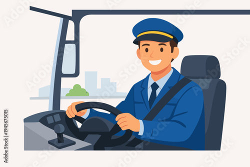 Professional Male Bus Driver in Blue Uniform and Cap Smiling While Driving a Public Transport Vehicle, Flat Vector Illustration of a Friendly Chauffeur at the Steering Wheel with City Skyline.