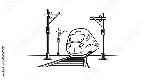 A modern high speed train approaches railway crossing black and white silhouette