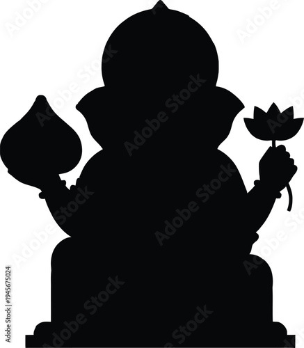 Black silhouette of Hindu god Lord Ganesha sitting and holding a lotus flower and sweet modak for traditional Indian religious festival Ganesh Chaturthi puja event.
