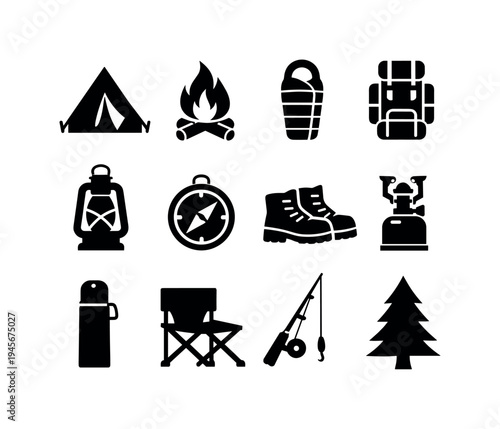 Camping outdoor gear: camping tent, campfire, sleeping bag, backpack, lantern, compass, hiking boots, portable stove, thermos bottle, folding chair, fishing rod, pine tree