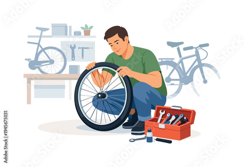Man repairing bicycle wheel with tools in a workshop setting. A focused man works on a bicycle wheel, surrounded by tools and other bikes, suggesting a repair or maintenance