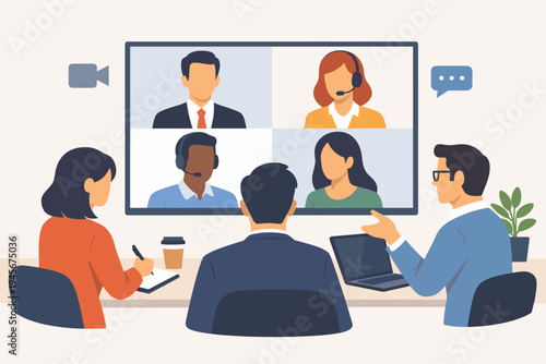 Business Team Having a Video Conference Meeting in the Office with Remote Colleagues on a Large Screen, Flat Vector Illustration of Online Corporate Communication, Digital Collaboration and Work