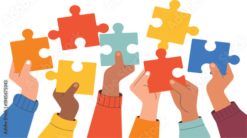 Hands of diverse people raising puzzle pieces symbolizing teamwork collaboration unity and problem solving concept isolated vector illustration
