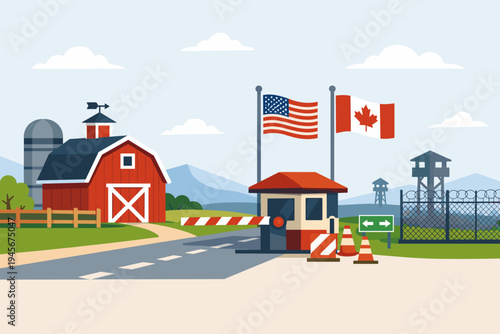 Flat vector illustration of a border crossing between USA and Canada with national flags, security checkpoint booth, barrier arm, red barn, silo, watchtowers, and fence in a rural landscape.
