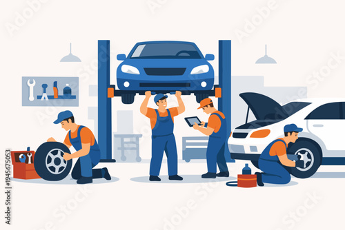Professional auto mechanics working in a car service center garage. Team of technicians repairing vehicles on a lift, changing tires, and performing diagnostics. Flat vector workshop illustration.