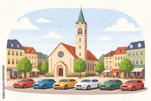Charming European town square flat vector illustration featuring a historic church with a tall clock tower, colorful buildings, green trees, and a row of vibrant parked cars under a sunny blue sky.
