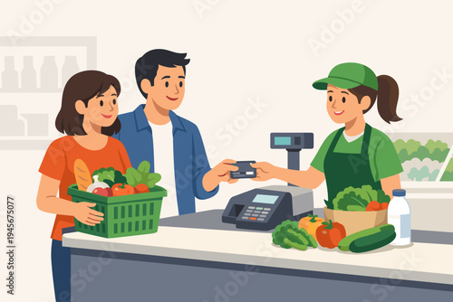 Young Couple Paying for Fresh Groceries with Credit Card at Supermarket Checkout Counter with Friendly Female Cashier, Healthy Food Shopping, Flat Vector Illustration of Retail Experience
