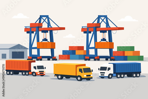 Flat Vector Illustration of a Busy Shipping Port with Large Gantry Cranes Loading Containers onto Delivery Trucks at a Logistics Warehouse Terminal for Global Trade and Freight Transport Industry.