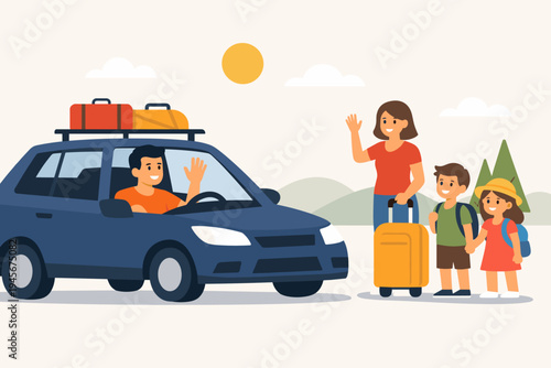 Happy family going on a summer road trip vacation. Father driving blue car with luggage on roof rack waving to wife and kids with suitcase. Flat vector illustration of travel and holiday.