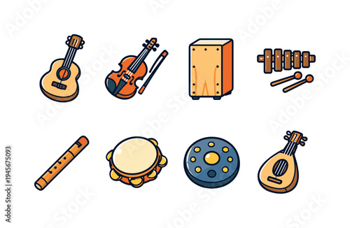 Collection of diverse musical instruments in a flat, cartoonish style. An assortment of colorful, stylized musical instruments including a guitar, violin, cajon, xylophone, flute