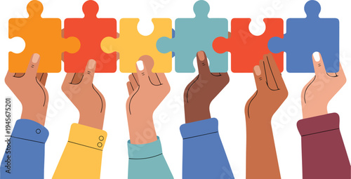 Hands of diverse people raising puzzle pieces symbolizing teamwork collaboration unity and problem solving concept isolated vector illustration