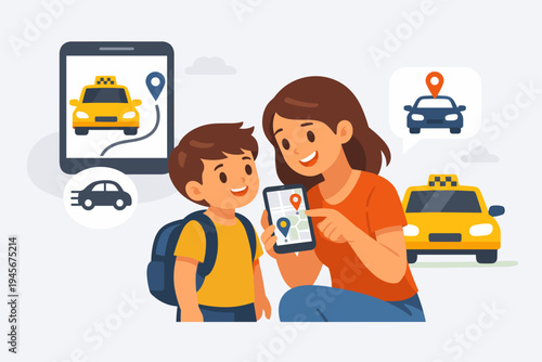 Mother and young son using a mobile phone app to book a taxi or ride-sharing service. Flat vector illustration of a woman showing her child how to track a yellow cab on a smartphone map screen.