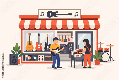 Modern flat vector illustration of a music store with customers browsing vinyl records and playing electric guitars. The shop features a drum set, speakers, and various instruments on display.