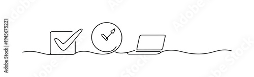 Continuous line drawing of checklist, clock, and laptop symbolizing productivity and time management. A minimalist single line illustration depicting a completed task, the passage