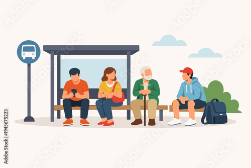 Diverse group of people sitting on a wooden bench at a bus stop waiting for public transportation service. Flat vector illustration of commuters including a senior man, woman, and young students.