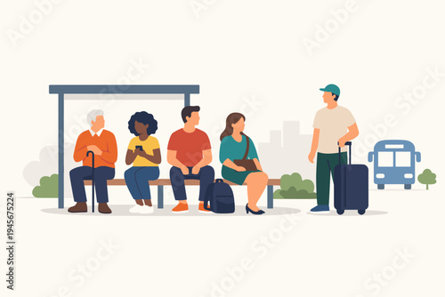 Diverse Group of People Waiting at a Bus Stop for Public Transportation, Commuters Sitting on a Bench and Standing with Luggage, Flat Vector Illustration of Urban City Transit and Travel Scene.