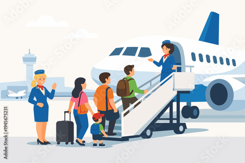Flat Vector Illustration of Passengers Boarding a Commercial Airplane at an Airport Tarmac with Friendly Flight Attendants Greeting a Family and Child for a Summer Vacation Travel Adventure.
