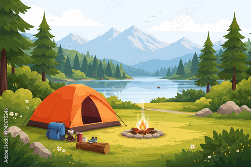Scenic Outdoor Camping Landscape with Orange Tent, Burning Campfire, Backpack, and Hiking Gear by a Calm Lake and Pine Forest with Majestic Snow-Capped Mountains in a Simple Flat Vector Illustration