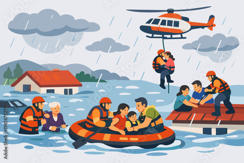 Rescue teams saving survivors from torrential rain and severe flooding with helicopters and inflatable boats, rescuing people from submerged houses and rooftops in a simple flat vector style.