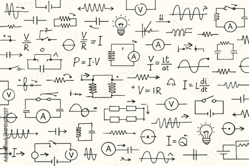 Hand-drawn electrical engineering seamless pattern with physics formulas, circuit diagrams, electronic symbols, resistors, capacitors, ammeters, voltmeters, and Ohm's law on a light background.