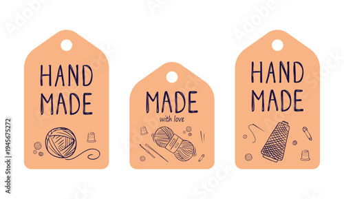 Set of hand drawn handmade tags with yarn, buttons, and sewing tools. Made with love labels for small businesses, crafts, and gift packaging. Vector illustration