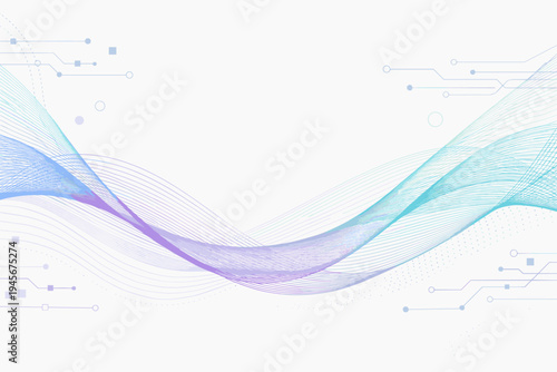 Abstract Technology Background with Wavy Lines and Digital Circuit Elements. Modern Blue and Purple Gradient Curves on White. Seamless Vector Illustration for Network and Connectivity Design.