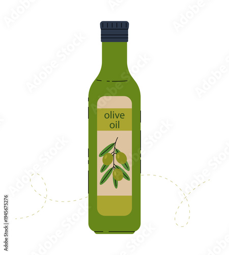 Olive oil bottle with label and olive branch. Minimalist design, isolated on white. Perfect for healthy food branding, Mediterranean recipes and kitchen decor. Vector illustration