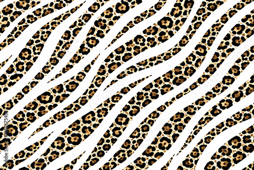Seamless Leopard Print and Zebra Stripe Pattern, Exotic Animal Skin Texture Vector Illustration for Fashion Fabric, Textile Design, Trendy Safari Background with Brown Rosettes and White Waves