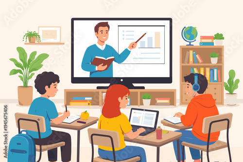 Students in a Modern Classroom Learning from a Teacher via Large Television Screen, Flat Vector Illustration of Distance Education, Remote Learning, Digital Classroom, and School Technology.