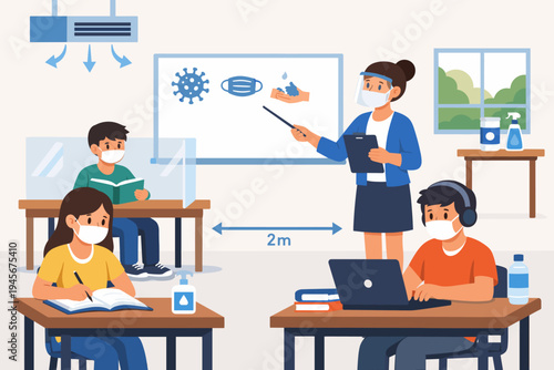 School students and teacher in classroom following COVID-19 safety protocols with face masks, social distancing, hand sanitizer, and desk shields. Flat vector illustration of new normal education.