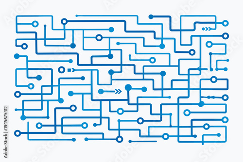 Abstract Blue Circuit Board Pattern with Maze-Like Connecting Lines, Dots, and Arrows on White Background. Vector Illustration for Technology, Data, Connectivity, and Digital Infrastructure.