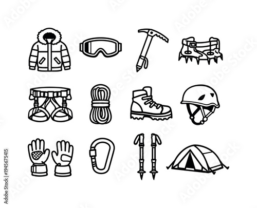 Mountain climbing gear icons: jacket, goggles, ice axe, crampons, harness, rope, boots, helmet. Collection of black and white line art icons representing essential equipment for