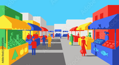 Vibrant Outdoor Market Scene with Colorful Stalls.