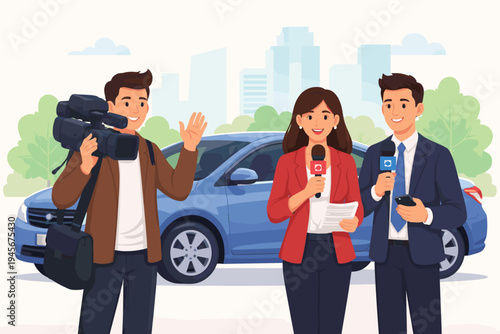 Journalists and News Crew Reporting Live with a Blue Car Backdrop, Professional Media Team with Camera and Microphones in a Simple Flat Vector Illustration for Broadcasting and Press Concepts.