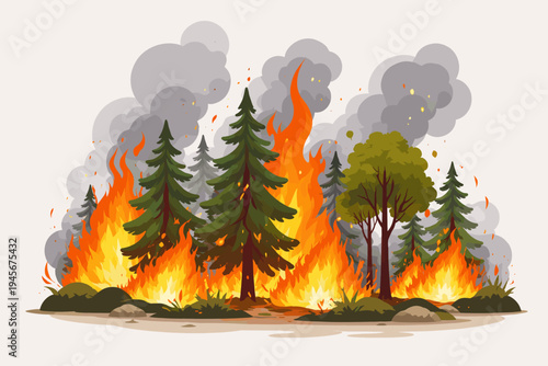Forest fire vector illustration showing pine trees and deciduous trees engulfed in intense orange and yellow flames with thick gray smoke clouds on a light background, wildfire disaster scene.