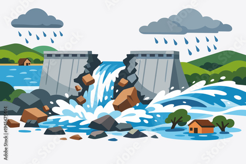 Dam wall failure and catastrophic flood disaster caused by heavy monsoon rain and overflow, broken concrete dam structure with rushing water destroying houses and landscape, flat vector illustration.