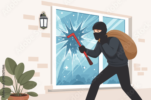 Thief in black mask and dark clothes breaking into a house through a shattered window with a red crowbar and a sack of stolen goods, flat vector illustration of home burglary and crime scene.
