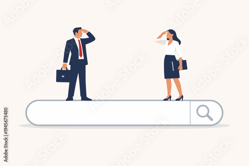 Professional businessman and businesswoman standing on a large search bar looking for job opportunities. Concept of online recruitment, career search, employment, and hiring in flat vector style.