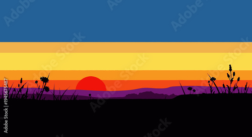 Vibrant Sunset Landscape with Silhouetted Vegetation.