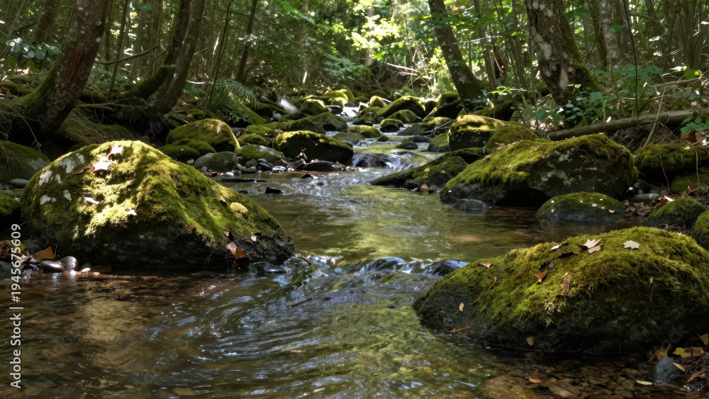 Fototapeta premium Serene Forest Stream Winding Through Moss-Covered Rocks with Dappled Sunlight Filtering Through Dense Canopy, Natural Landscape Photography for Nature and Eco Tourism Backgrounds