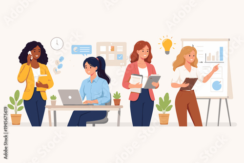 Diverse Group of Professional Women Working in a Modern Office, Businesswomen Collaborating, Giving Presentations, Using Laptops, Brainstorming Ideas, and Communicating, Flat Vector Illustration.