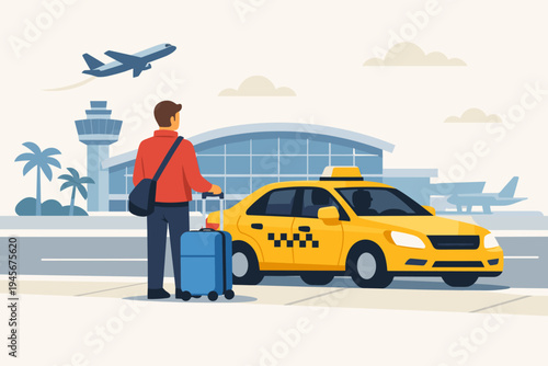 Male traveler with blue suitcase and shoulder bag standing by a yellow taxi cab at an airport terminal entrance, flat vector illustration of transportation and travel with airplane taking off.