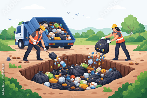 Sanitation Workers in Safety Gear Dumping Garbage and Waste from a Truck into a Landfill Pit for Disposal, Environmental Pollution and Waste Management Concept Flat Vector Illustration
