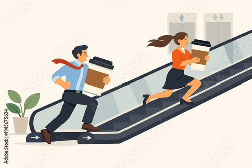 Two Business Professionals Running Up an Escalator Carrying Large Coffee Cups in a Modern Office Building, Illustrating Morning Rush, High Energy, and Fast-Paced Corporate Lifestyle and Commute