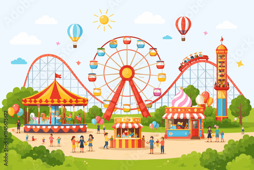 Amusement Park Flat Vector Illustration Featuring a Large Ferris Wheel, Roller Coaster, Carousel, Hot Air Balloons, and Happy People Enjoying a Sunny Day at a Vibrant Fairground Carnival Scene.
