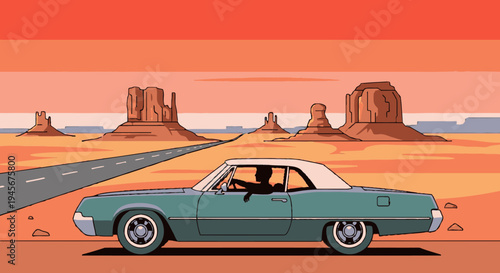 Vintage Green Convertible Car on Highway.