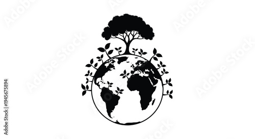 Globe with tree and foliage a striking black silhouette