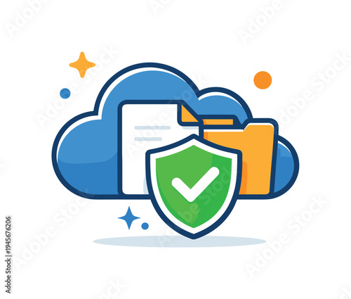 Cloud storage security icon with shield and checkmark for data protection. A stylized illustration representing secure cloud data storage, featuring a blue cloud, a folder, a