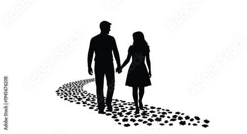 Couple walking hand in hand leaving a floral trail black silhouette