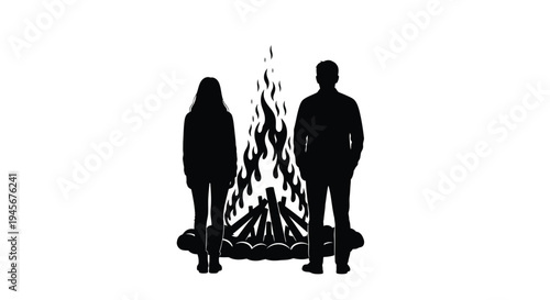 Couple gazing at a vibrant campfire a striking black silhouette